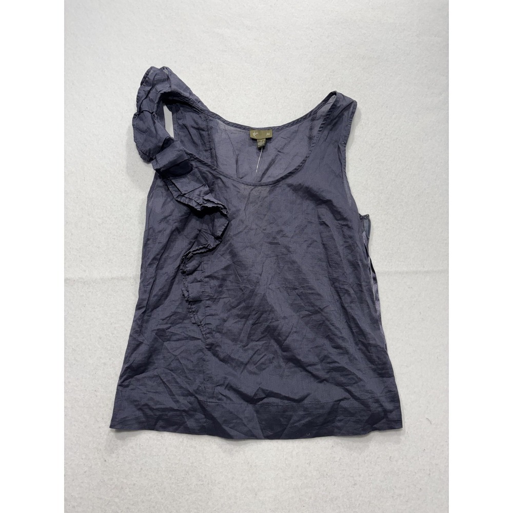 Fei Tank Womens 2 Blue Scoop Neck Ruffle Shoulder Side Zip Cotton Summer Top
